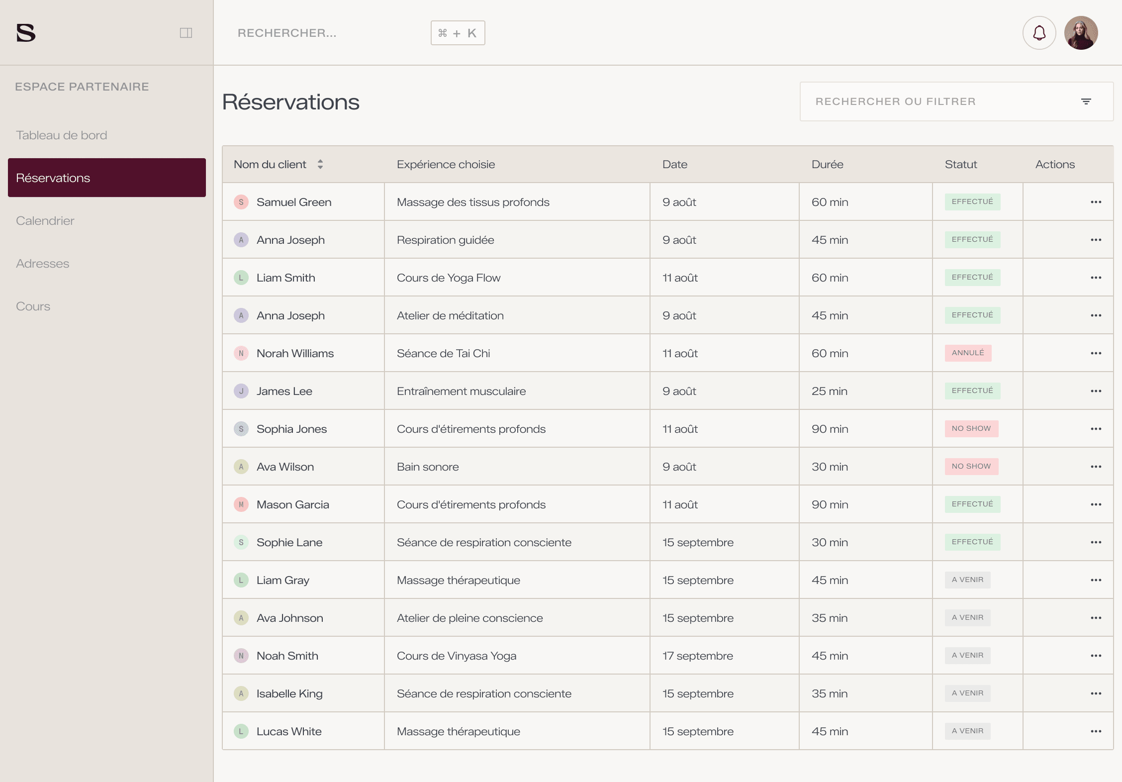 Dashboard partenaire — réservations